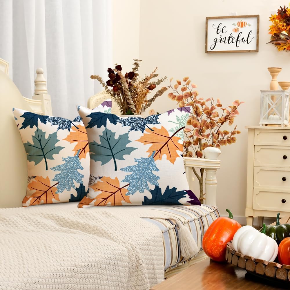 Fall Pillow Covers 18x18 Set of 2,Blue Maple Leaves Outdoor Thanksgiving