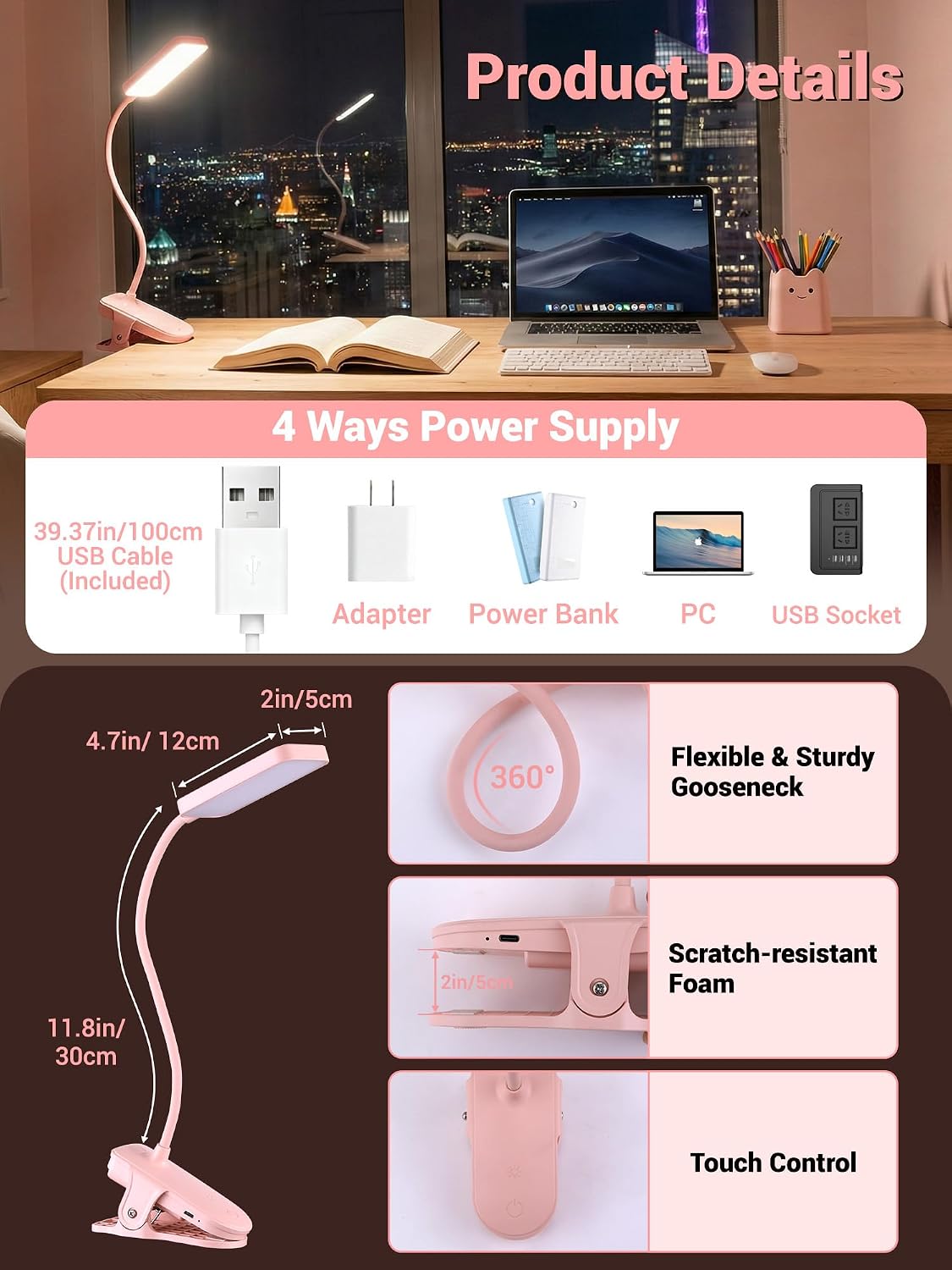 Pink Desk Lamp Cute Clip on Lamp,45 Modes Dimmable+450 Lumen Clip on Light