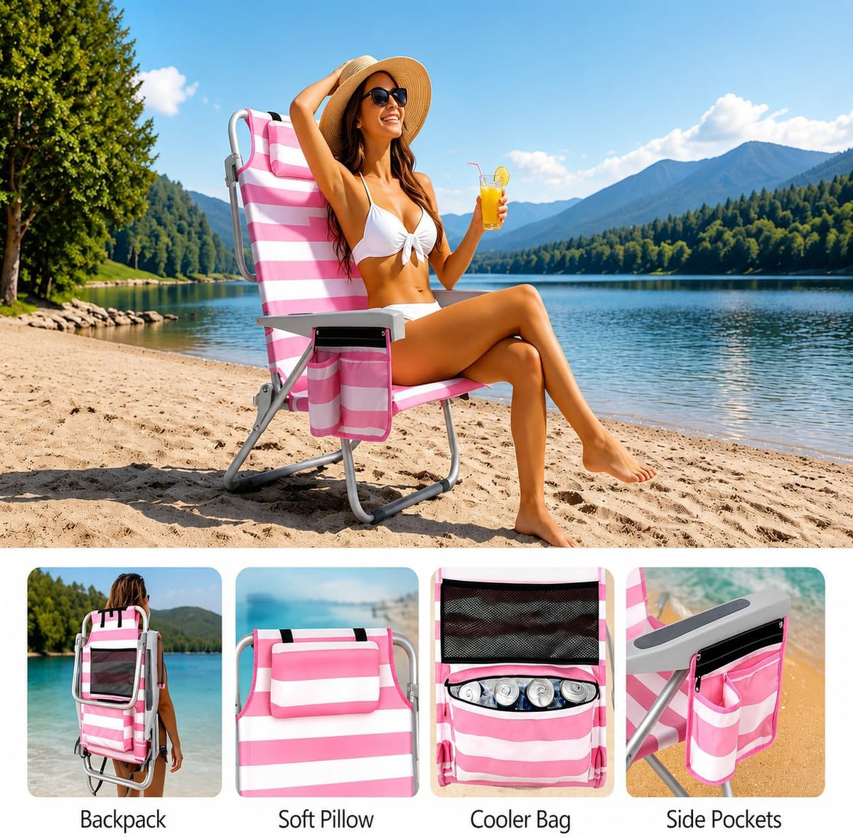 Beach Chairs for Adults 2 Pack, Portable Folding Backpack Beach Chairs with Cooler, Cup Holder, Towel Bar & Storage Bag, 5 Position Lay Flat Backpack Lounger Set for Camping, Lawn, Outdoor-Pink Stripe