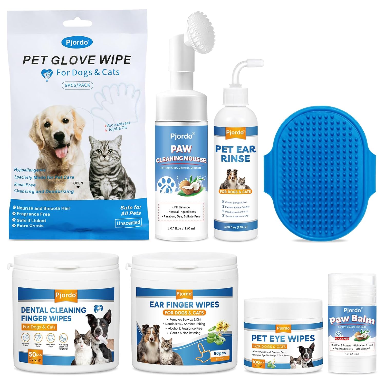 Pjordo Pet Essential Supplies for Dog & Cat, Cleaning Kit for Whole Body, Pet Wipes Cleaning Deodorizing, Grooming Wipes & Paw Cleaner, Finger Wipes for Teeth, Ear & Eyes, Suitable for Daily Care