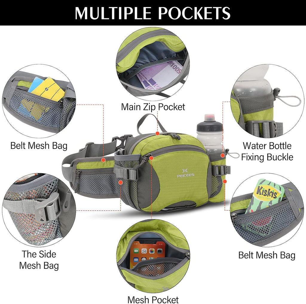 Peicees Hiking Fanny Pack Large Waist Bag for Men Women with Bottle Holder Water Resistant Lumbar Pack for Hiking Camping Fishing Outdoor (Bottle Not Included)