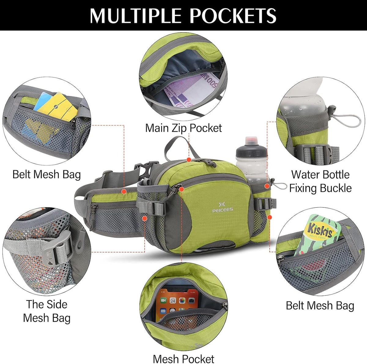 Peicees Hiking Fanny Pack Large Waist Bag for Men Women with Bottle Holder Water Resistant Lumbar Pack for Hiking Camping Fishing Outdoor (Bottle Not Included)
