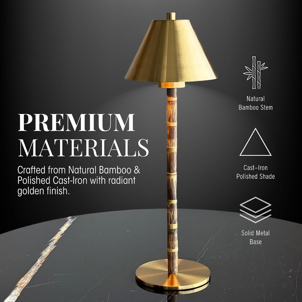 Bamboo Cordless LED Table Lamp – Rechargeable 24-Hour Battery, Dimmable Warm Light, Portable Wireless Lamp with Remote for Indoor/Outdoor Use, Home, Patio, Restaurant – (POLISHED GOLD), 14.76" Tall