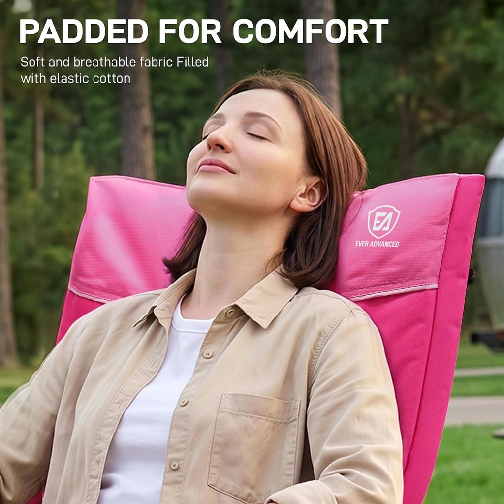 EVER ADVANCED Oversized Folding Rocking Camping Chair, Padded Portable Rocker Chair for Patio, Lawn and Outdoors, Heavy Duty Hard Armchair for Adults Supports 400lbs, Pink