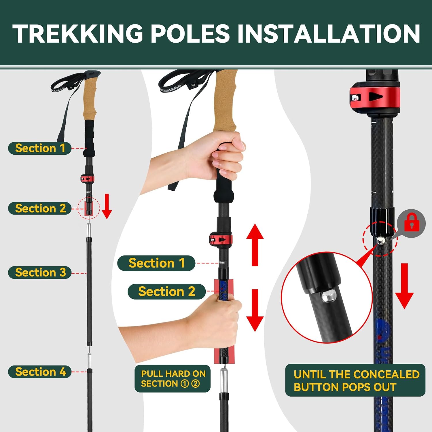 Carbon Fiber Trekking Poles, Lightweight Hiking Sticks with Cork Grip 2 Pcs