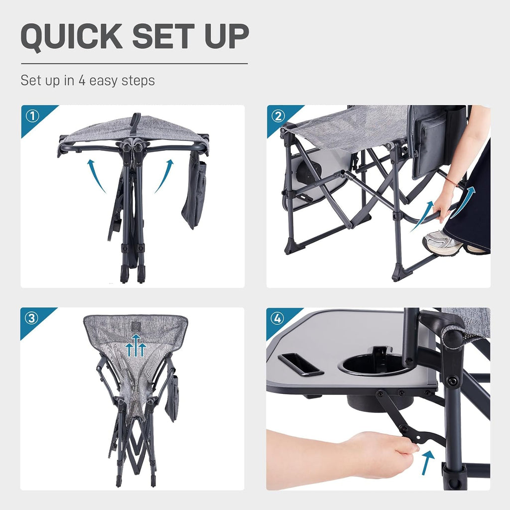 EVER ADVANCED Camping Directors' Chair with Side Table, Portable Folding with Compact Size, Breathable & Quick Dry Design Heavy Duty Lawn Chair with Pocket, 400lbs, Elastic Mesh, Grey