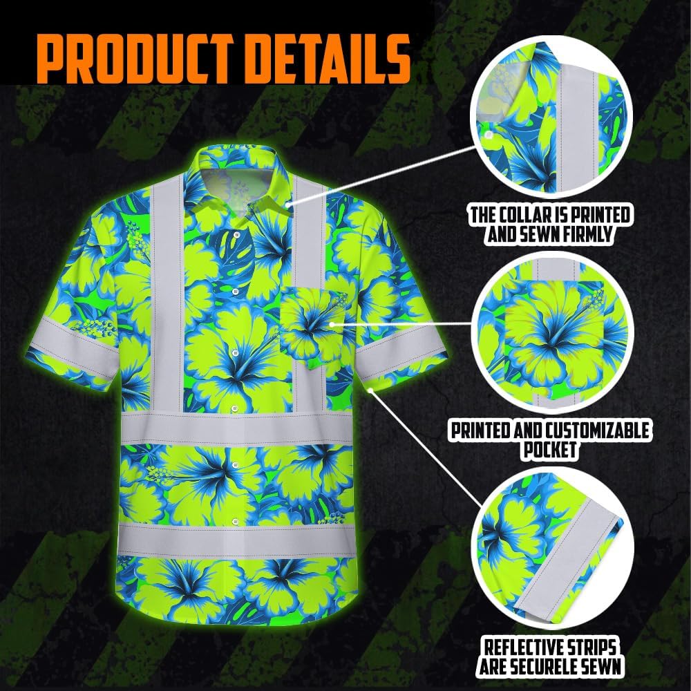 High Visibility Hawaiian Shirt for Men Tropical Shirts Custom Name Floral Outfit Reflective Safety Workwear