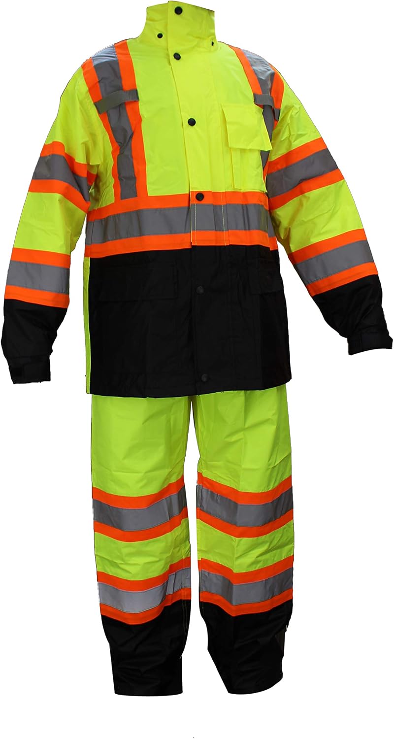 RW-CLA3-TLM55 AND OR77 Class 3 Rain suit, Jacket, Pants High Visibility Reflective Black Bottom