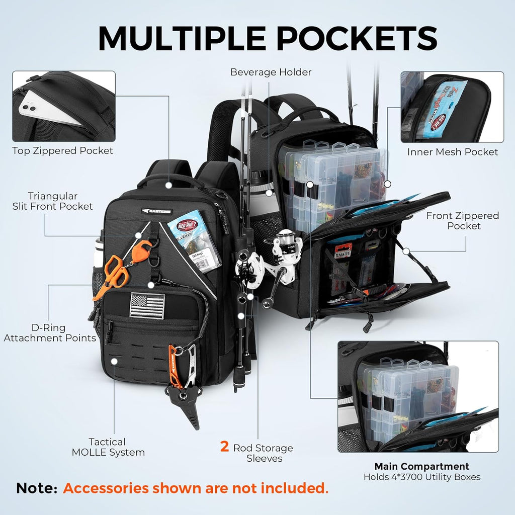 KastKing KastMate Fishing Backpack With 2 Rod Holders, Black