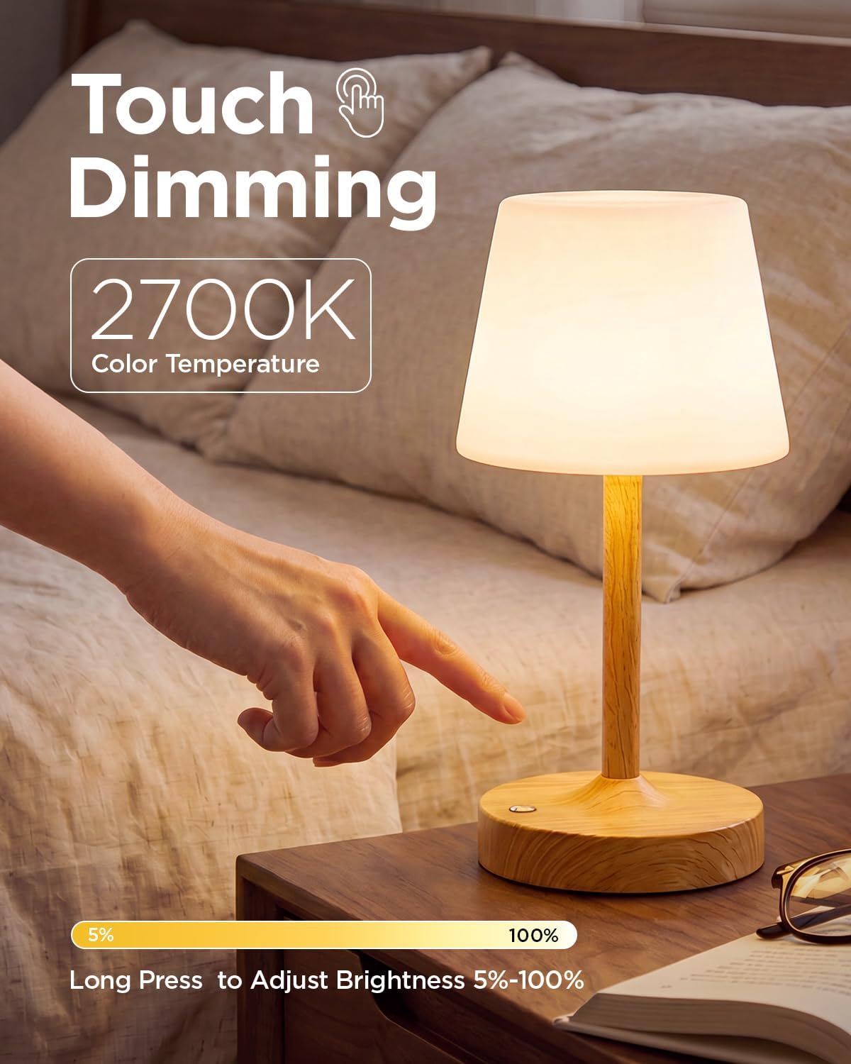 IP65 Waterproof Rechargeable Shower Lamp, Cordless Bathroom Touch Lamps