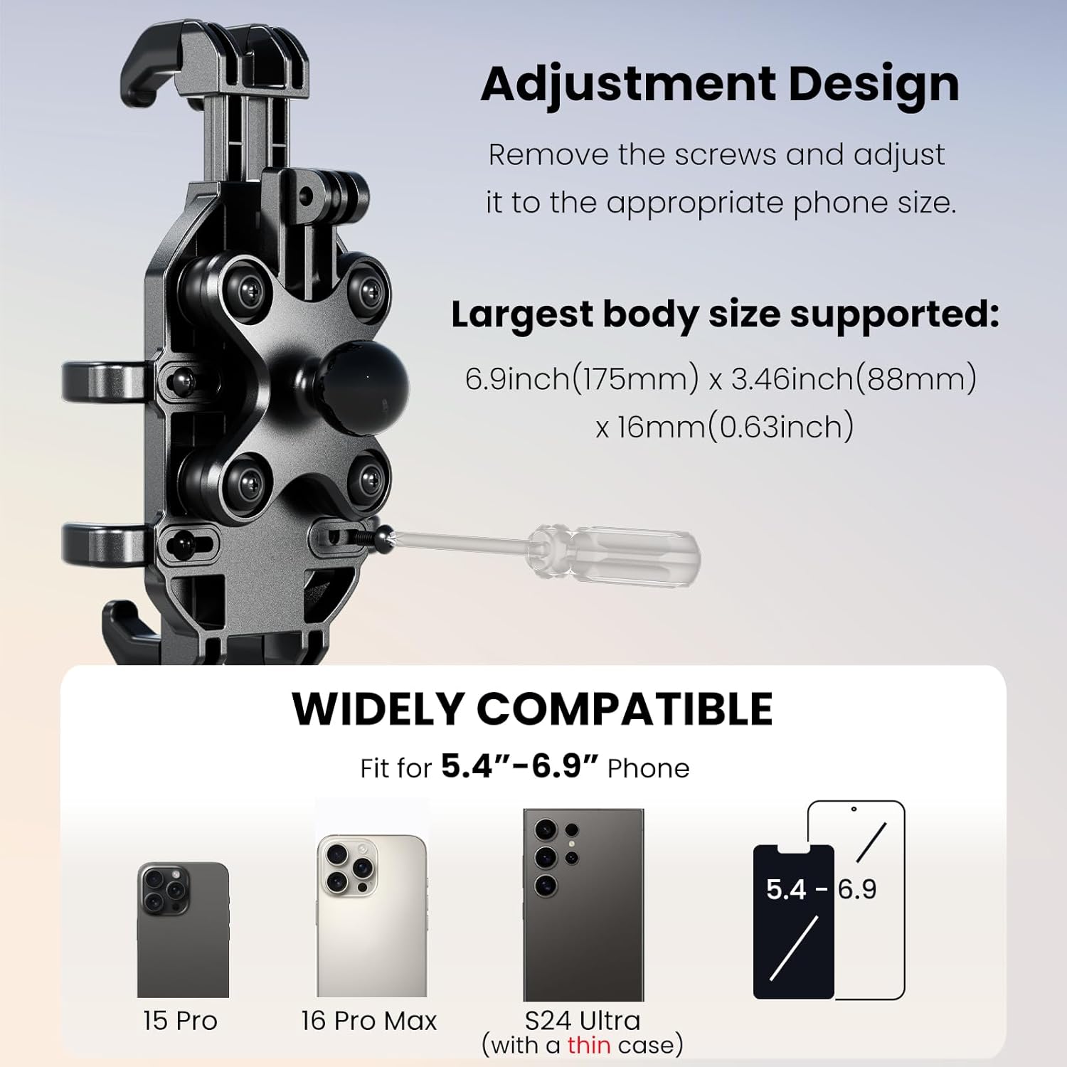 Motorcycle Phone Mount Holder with Vibration Dampener Anti-Shake 720° Adjustable for iPhone 16 Pro Max for Samsung 5.4''-6.9'' Phone Anti-Theft Dirt Bikes(Clamp Base 0.47-1.77" Handlebar)