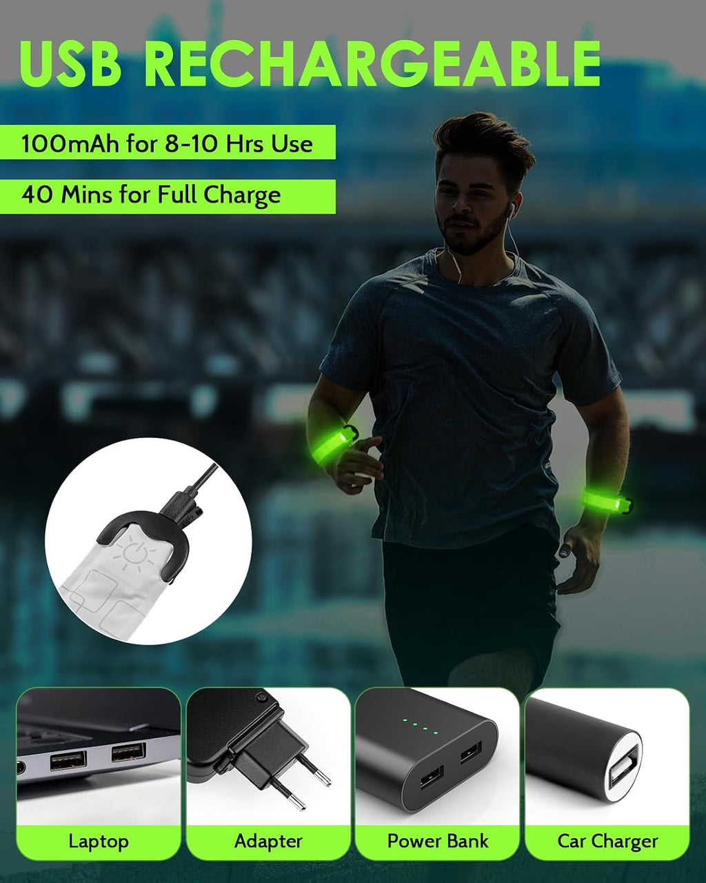 Fitense Rechargeable LED Armband 2-Pack, High Visibility Running Gear for Night Safety, 5 Colors & 3 Modes Light Up Wristbands for Night Walking, Cycling, Running Gift for Women Men Kids，White
