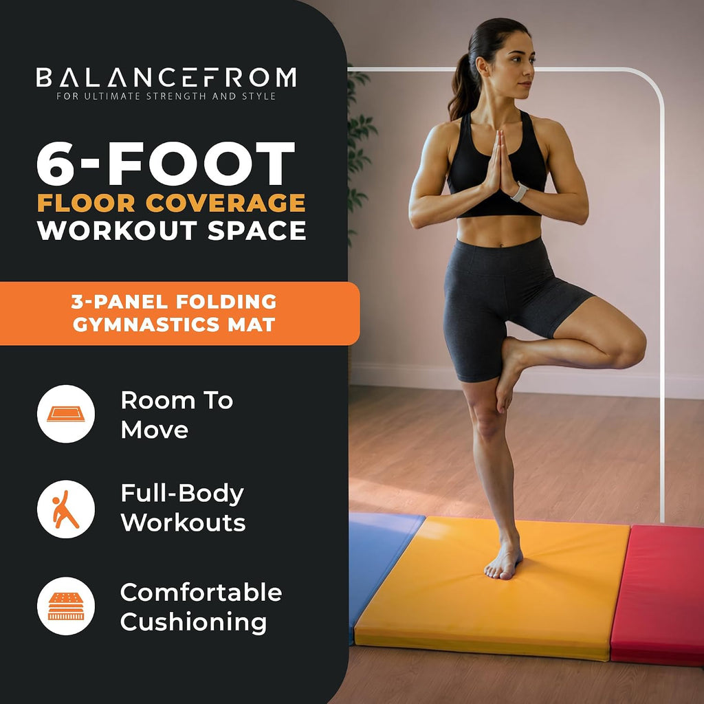 BalanceFrom 6x2 Feet 3-Panel Folding Gymnastics Mat – 1.5-Inch Thick Pad with Vinyl Surface and Carrying Handles for Tumbling, Yoga, Pilates, Home Workouts, and Martial Arts