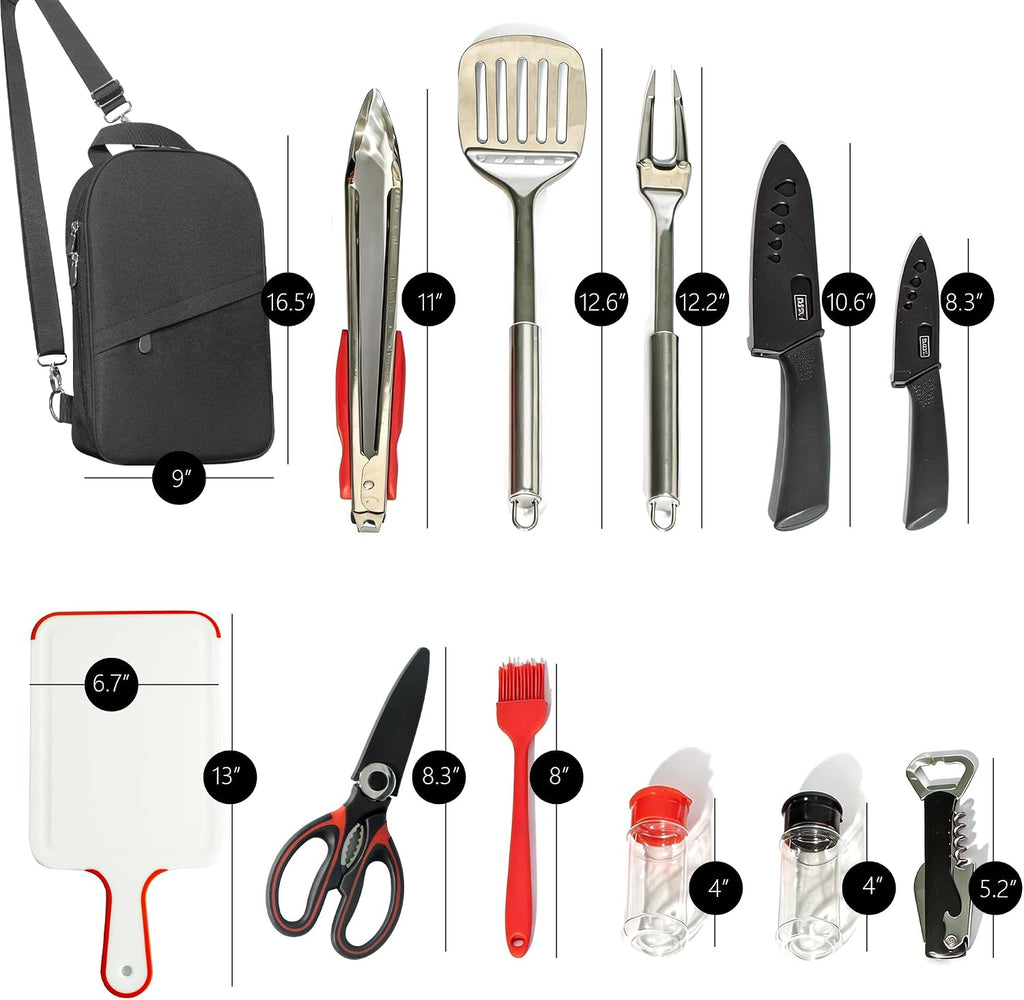 12 Pcs Camping Cooking Utensil Set, Camp Kitchen Set with Organizer Bag, Stainless Steel Outdoor Cooking and Grilling Utensil Organizer for Travel, Picnics, Camping, BBQs, Parties