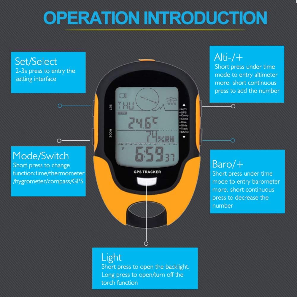 Multifunction Digital Altimeter, Waterproof Handheld GPS Navigator Tracker with Mini Torch, Electronic Barometer Thermometer Compass for Camp Climb Hike