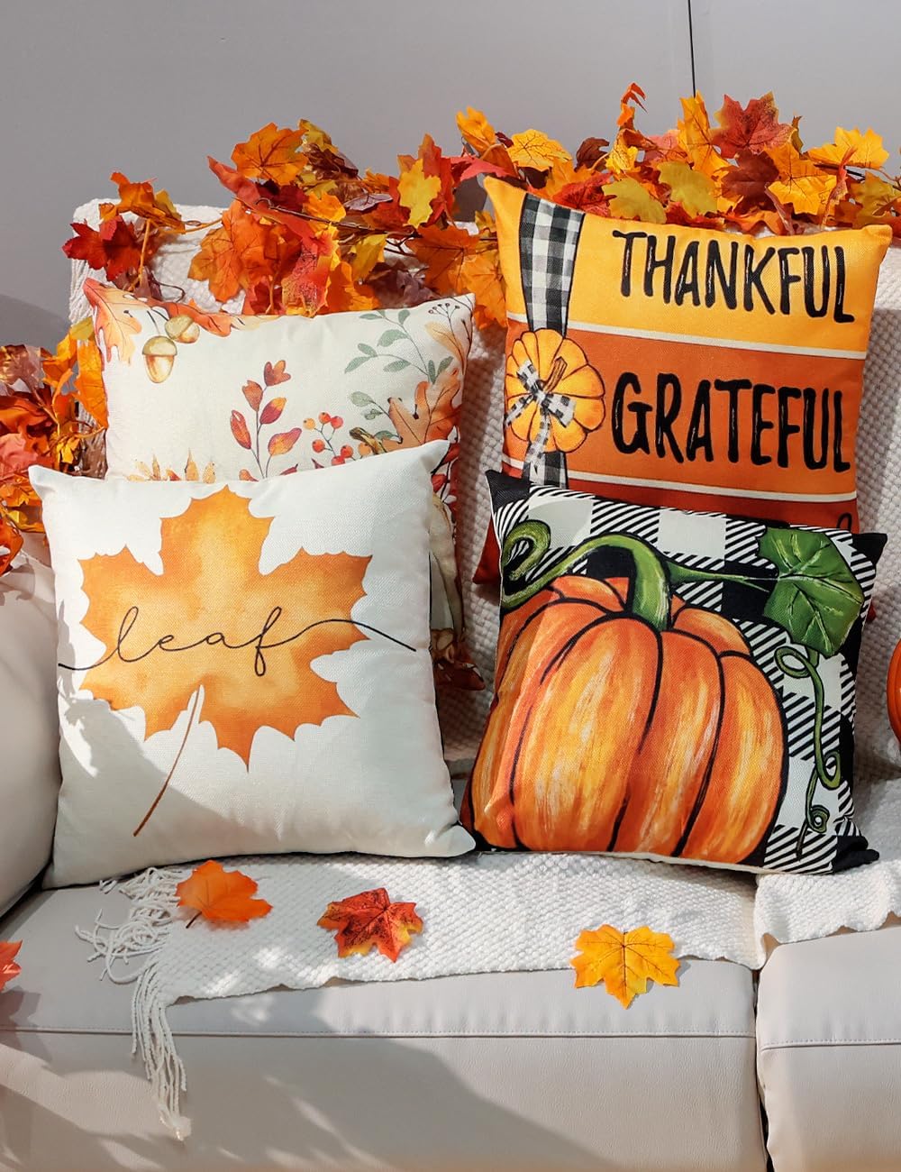 TOYPOPOR Fall Decorations Pillow Covers Double-Side Printing 18'' x 18'' Set of 4, Pumpkins Thankful Blessed Buffalo Plaid Fallen Leaves Thanksgiving Throw Cushion Cases for Outdoor Indoor Home Decor