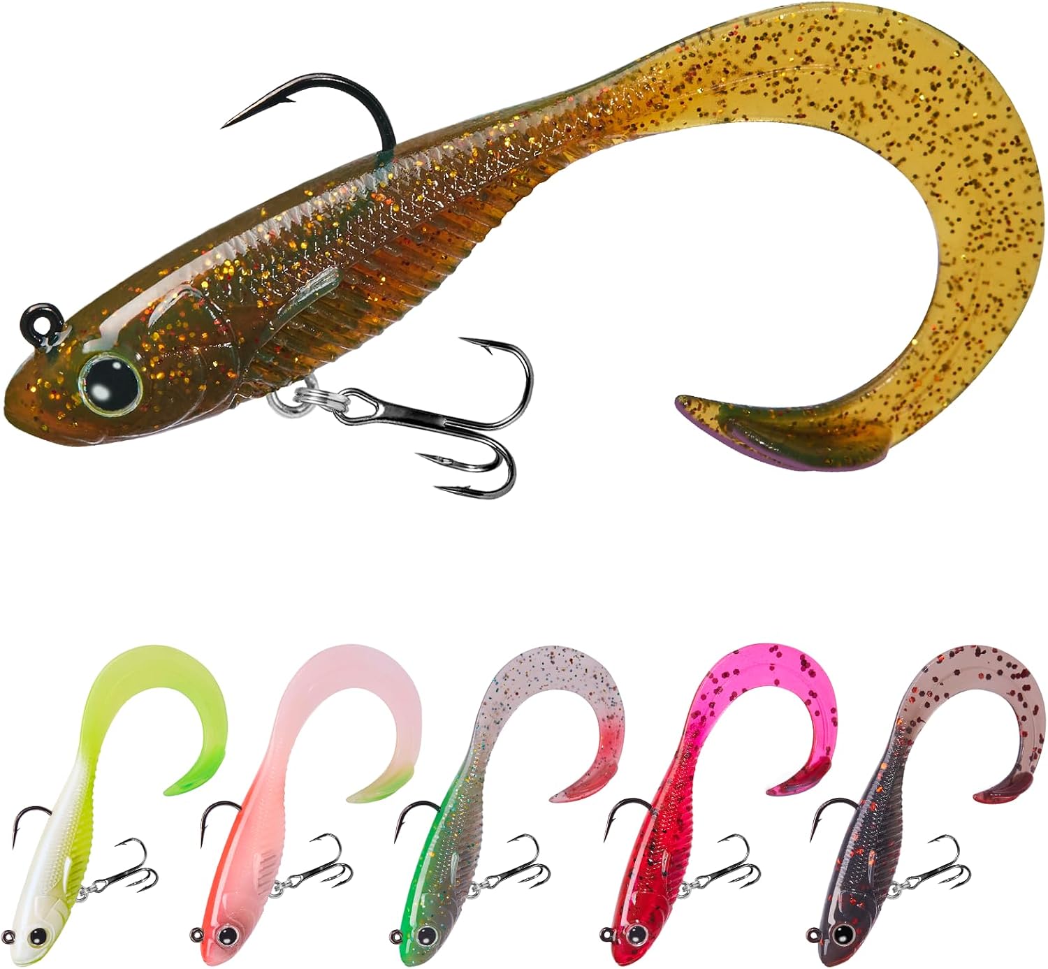 TRUSCEND Shadtale Easy Catch Soft Fishing Lures with BKK Hooks - Trembly Sinking and Vibrating Swim for More Bites, Pre-Rigged Swimbaits for Bass, Trout, Crappie, Walleye, Freshwater Saltwater Fishing