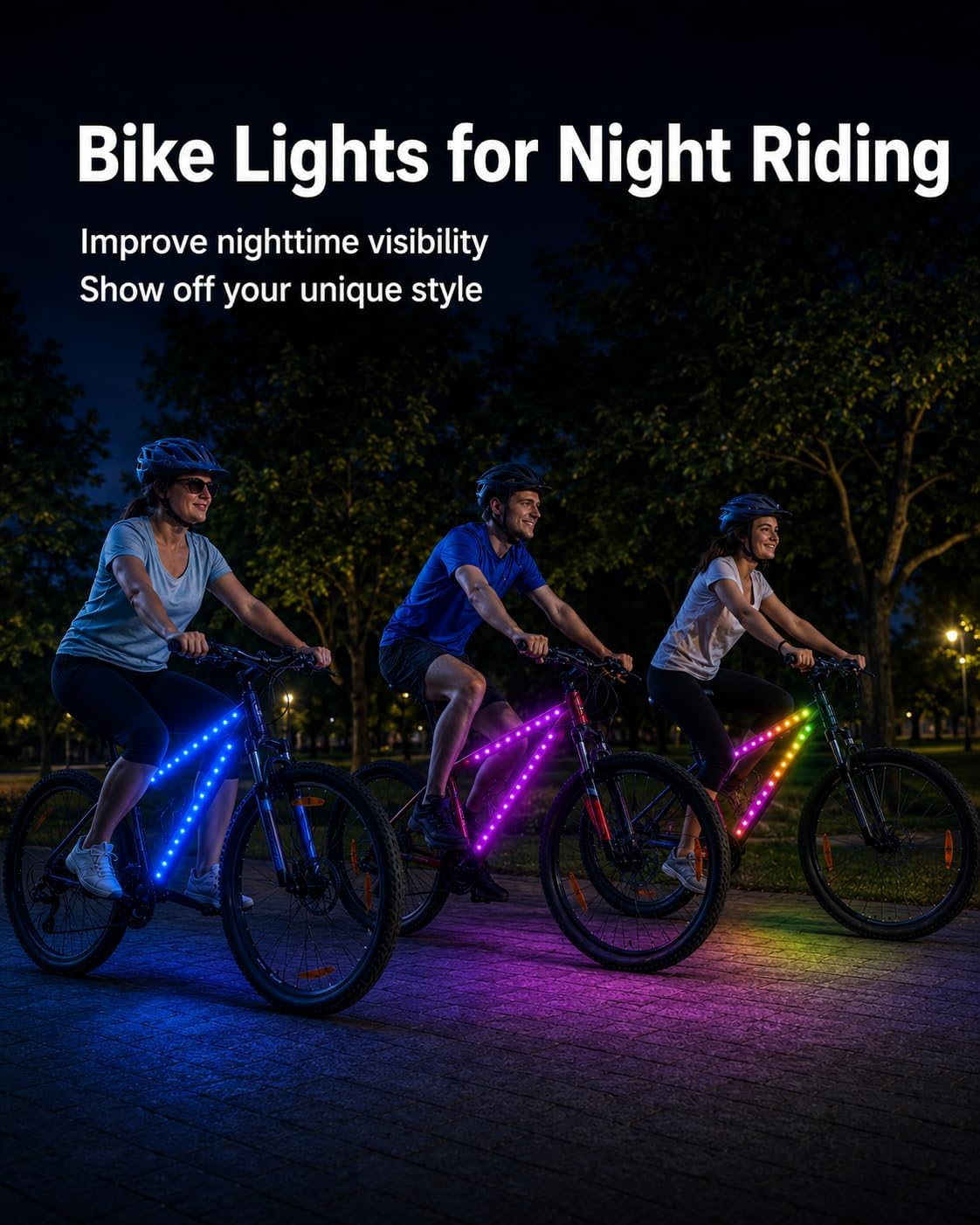 JUSJUBR LED Bike Lights for Night Riding, Multiple Colors and Lighting Modes, App & Remote Control, Colorful LED Strip Lights with Battery Box for Bicycles and Scooters