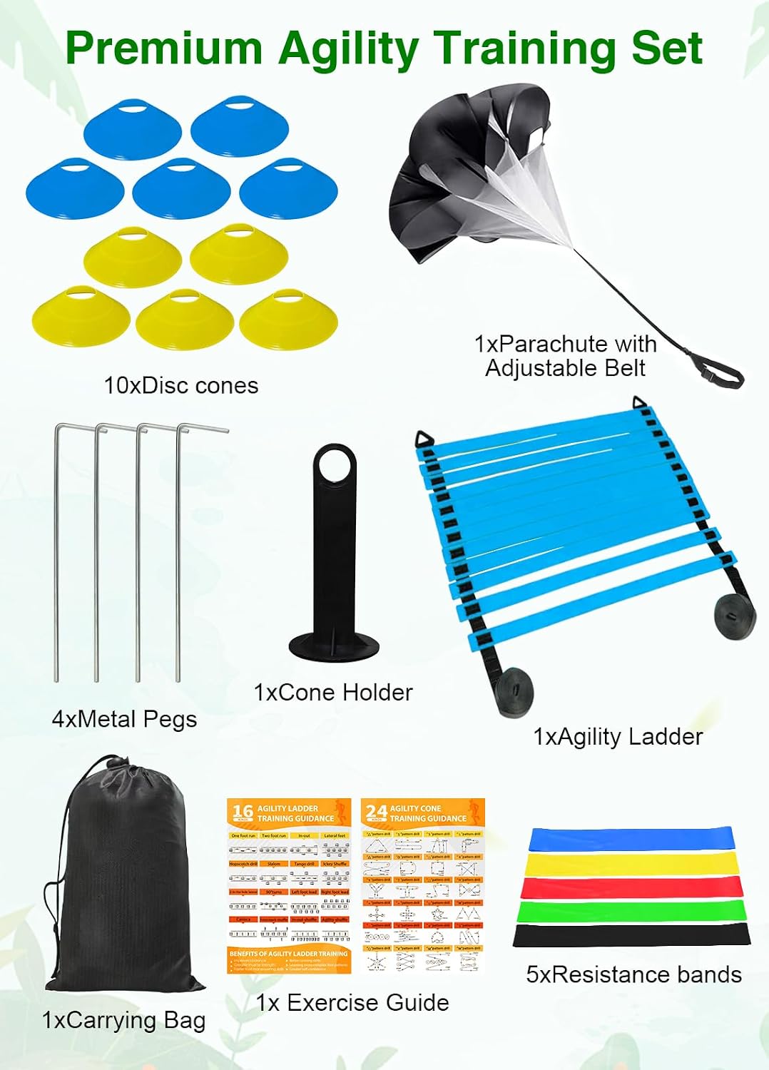 Hands Free Speed Agility Training Equipment Set - 20ft Agility Ladder, 10 Disc Cones, Resistance Parachute, 5 Resistance Bands & Carry Bag | Football Soccer Basketball Fitness Drills