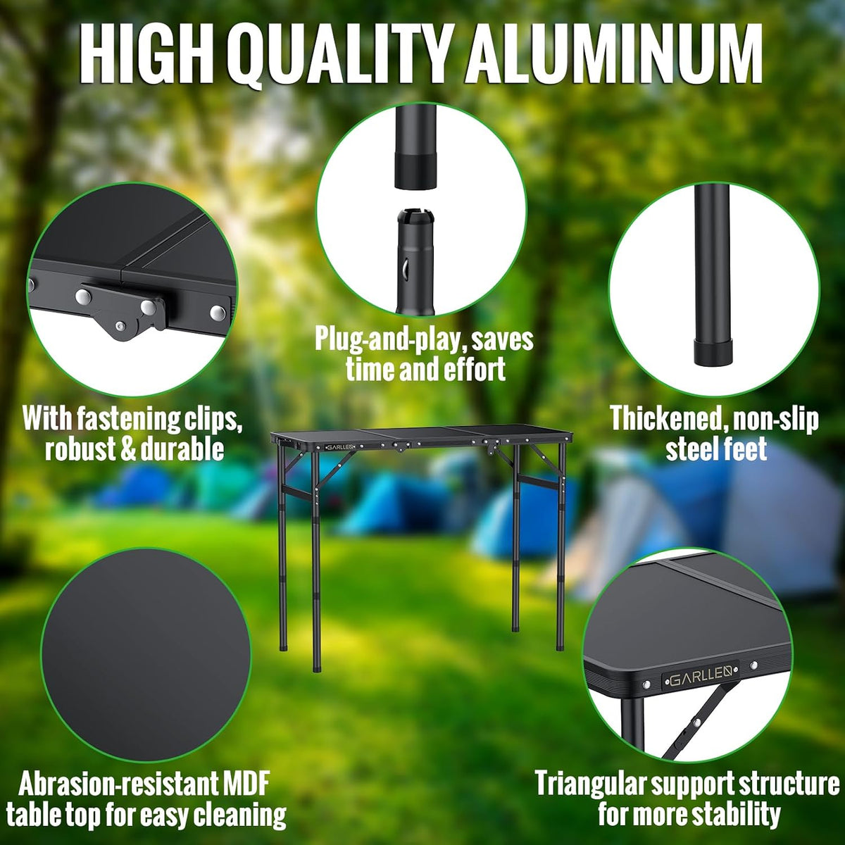 GARLLEN Folding Camping Table 34.2" Lx15.7 W, 3 Adjustable Height Max 27.5"