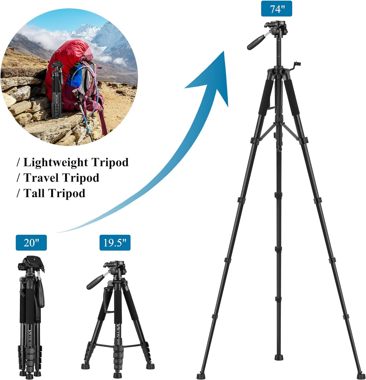 VICTIV 74” Camera Tripod, Tripod for Camera and Phone with Phone Holder