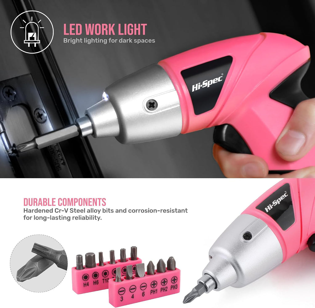 Hi-Spec 3.6V Cordless Electric Screwdriver and Tool Kit for DIY, Pink