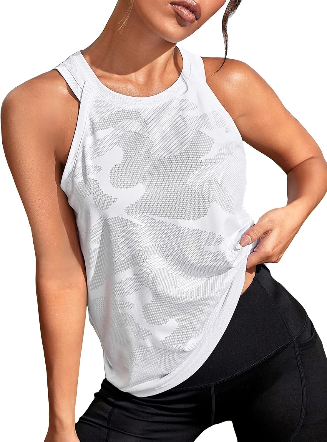 OYOANGLE Women's Camo Print Sleeveless Workout Running Tank Tops Yoga Shirt