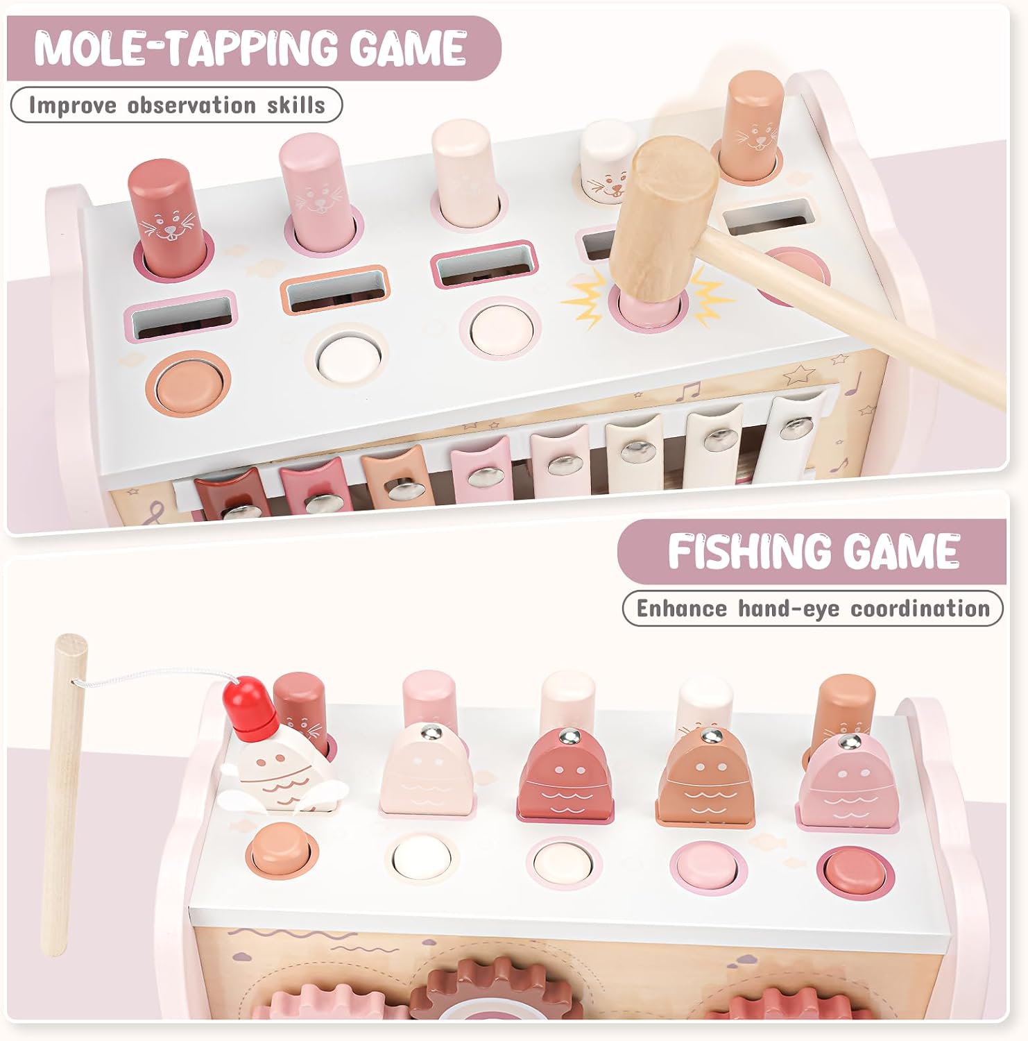 Joyreal Pink Wooden Montessori Toys for 1 Year Old Hammering Pounding Toys