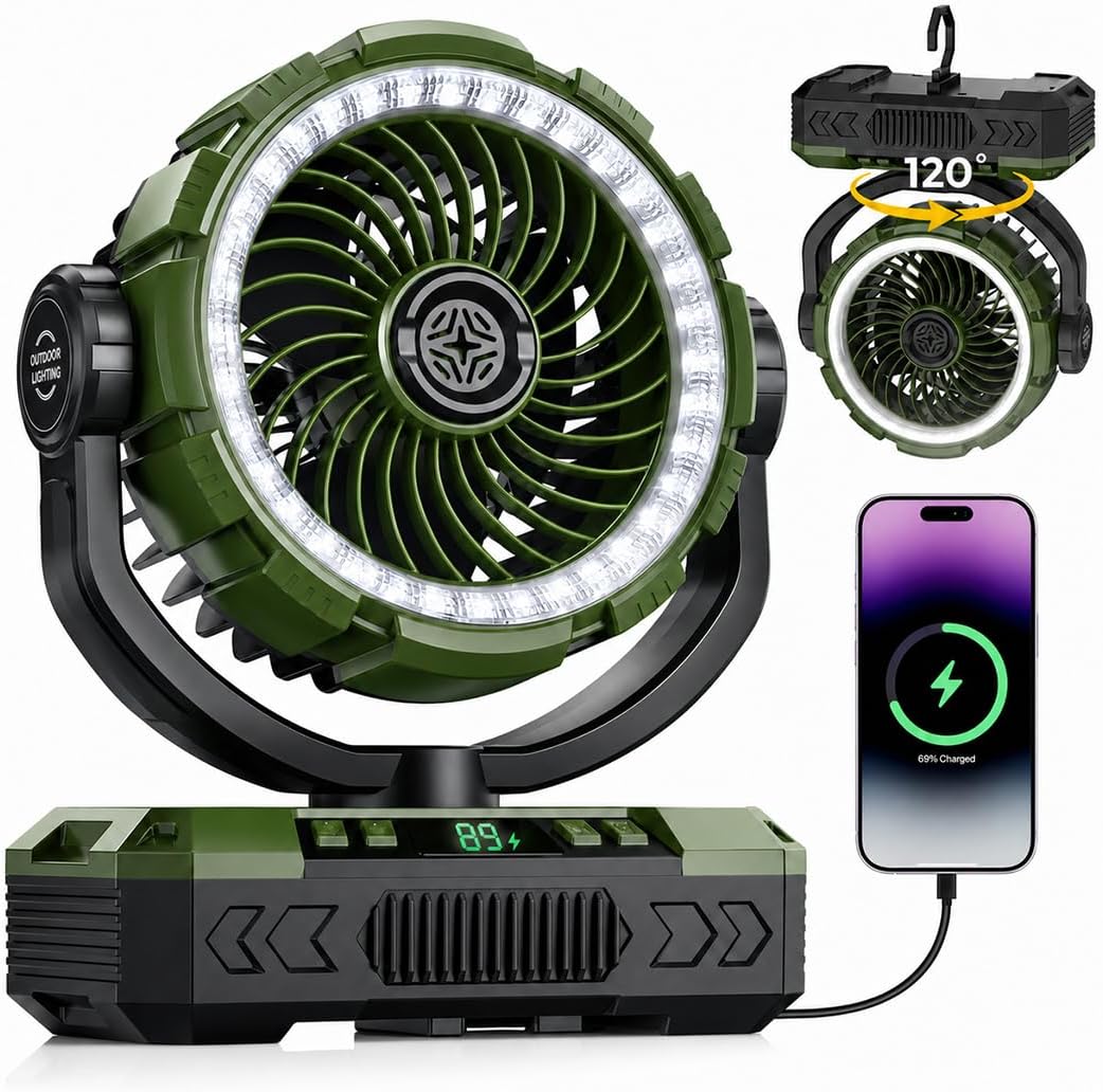 9-Inch Rechargeable Camping Fan 【Auto-Oscillating, Max 60H】20000mAh Portable Battery Powered Operated Fan,Light,Timer,Hook,Outdoor Tent Fans for Patios,Beach,Fishing,Emergency,Camping Gear Essentials