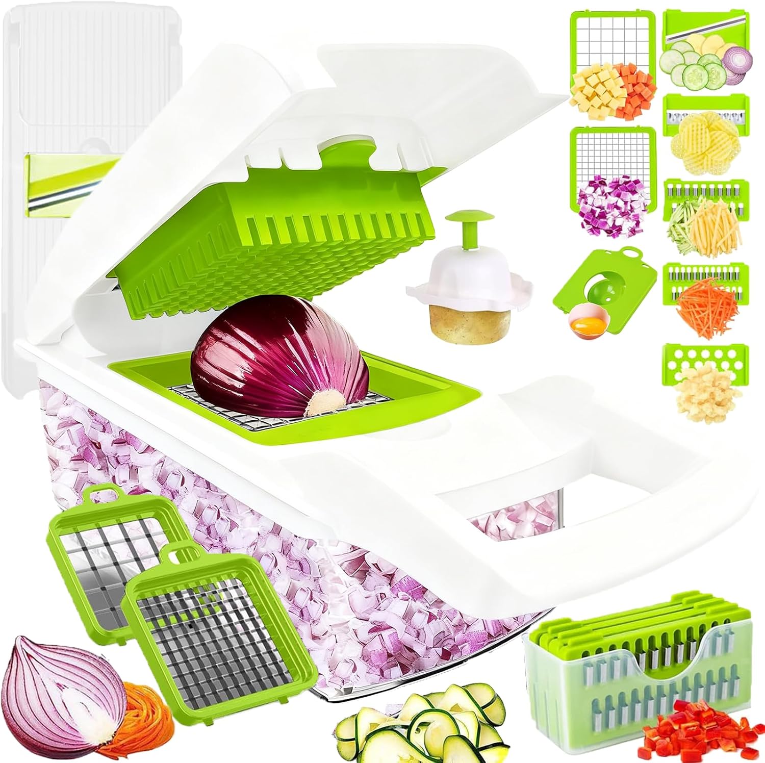 Vegetable Chopper Dicer with Container | Cheese Grater Mandoline Slicer Cabbage Shredder French Fry Cutter Stainless Steel for Veggie Onion Potato Fruit Food, Manual Hand Cooking Gadget for Kitchen
