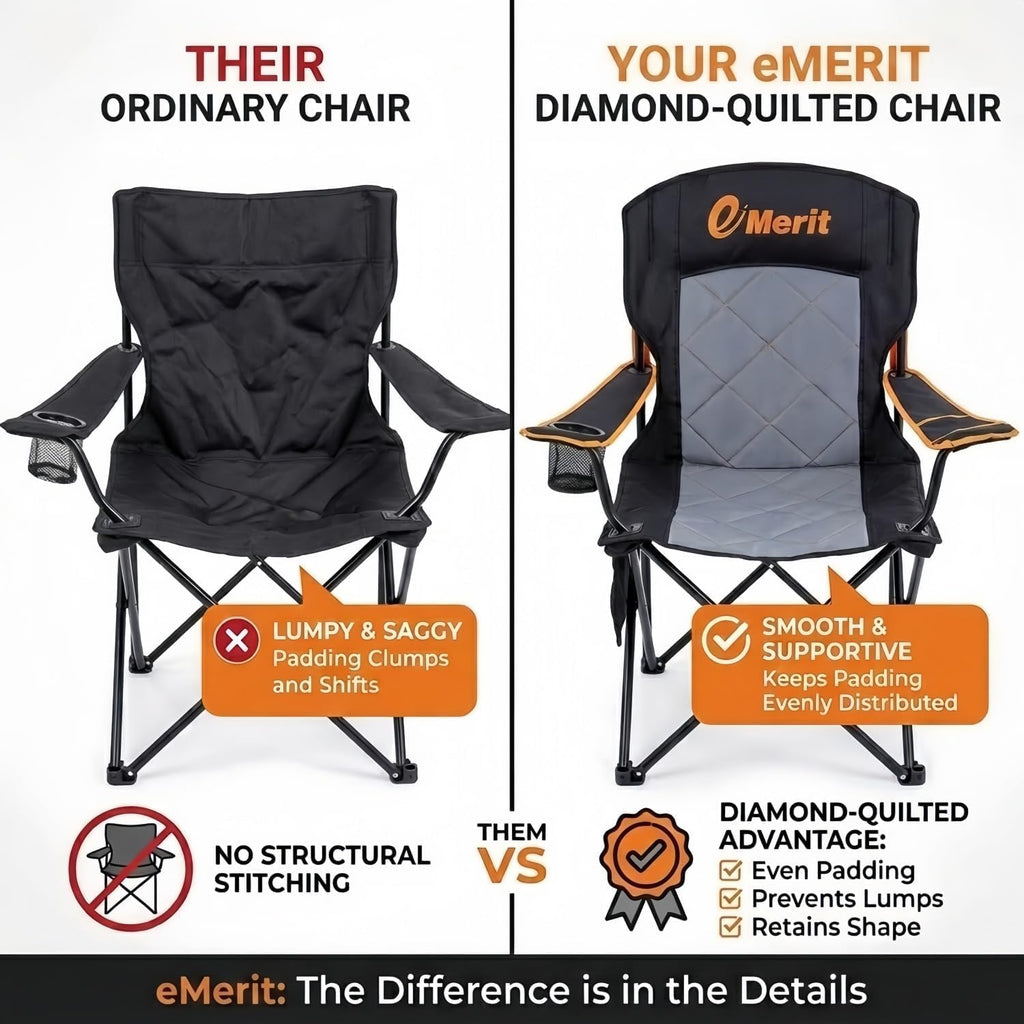 EMERIT Camping Chair, 350LB Heavy Duty Quad Fold Chair with Arms, Collapsible Outdoor Chairs with Lumbar Back & Cup HolderCollapsible for Tailgating, Beach, Fishing