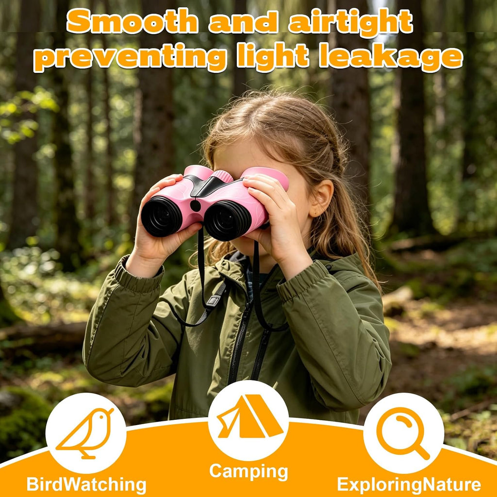 Kids Binoculars 8x21 for Girls/Boy, Shockproof Compact Binoculars with Soft Eye Protection, High Resolution Optics, Lightweight Toy for Bird Watching, Camping, Hiking, Ideal Gift for Ages 3-12 (Pink)