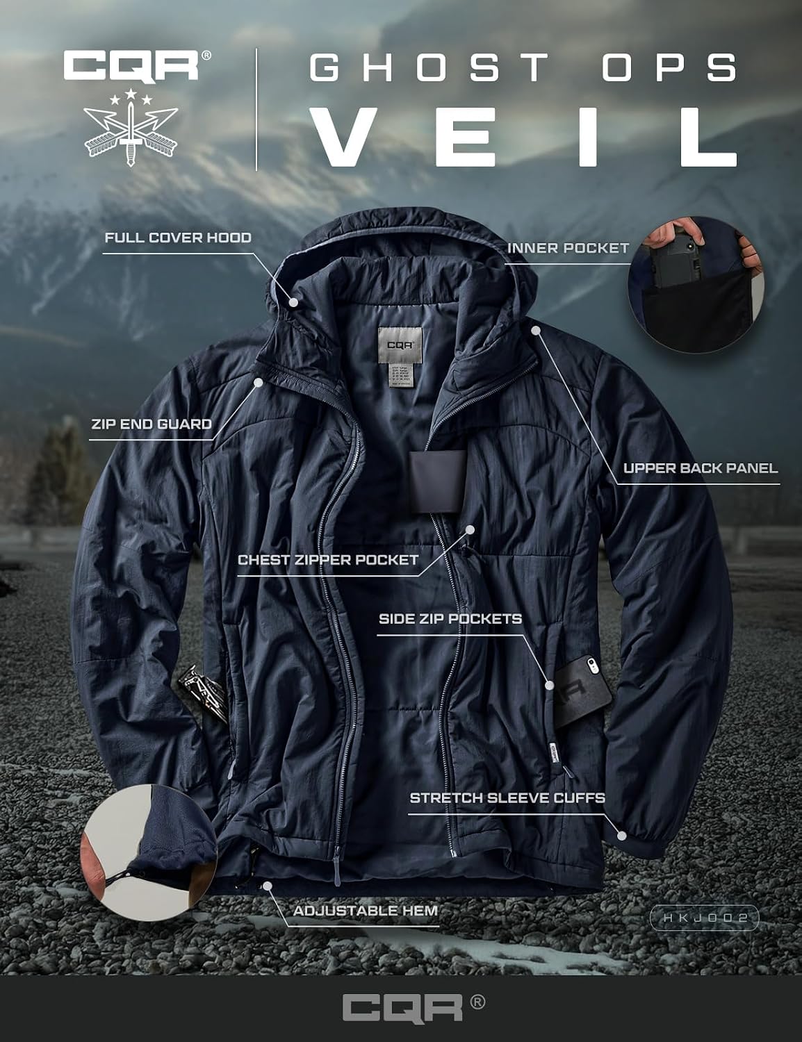 CQR Men's Lightweight Warm Insulated Jacket, Windproof Water Resistant Winter Active Coat for Hiking Work Outdoor Tactical
