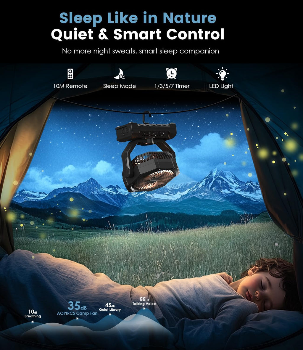 Camping Fan Rechargeable, 24000mAh Battery Powered Fan with LED Light, Hook