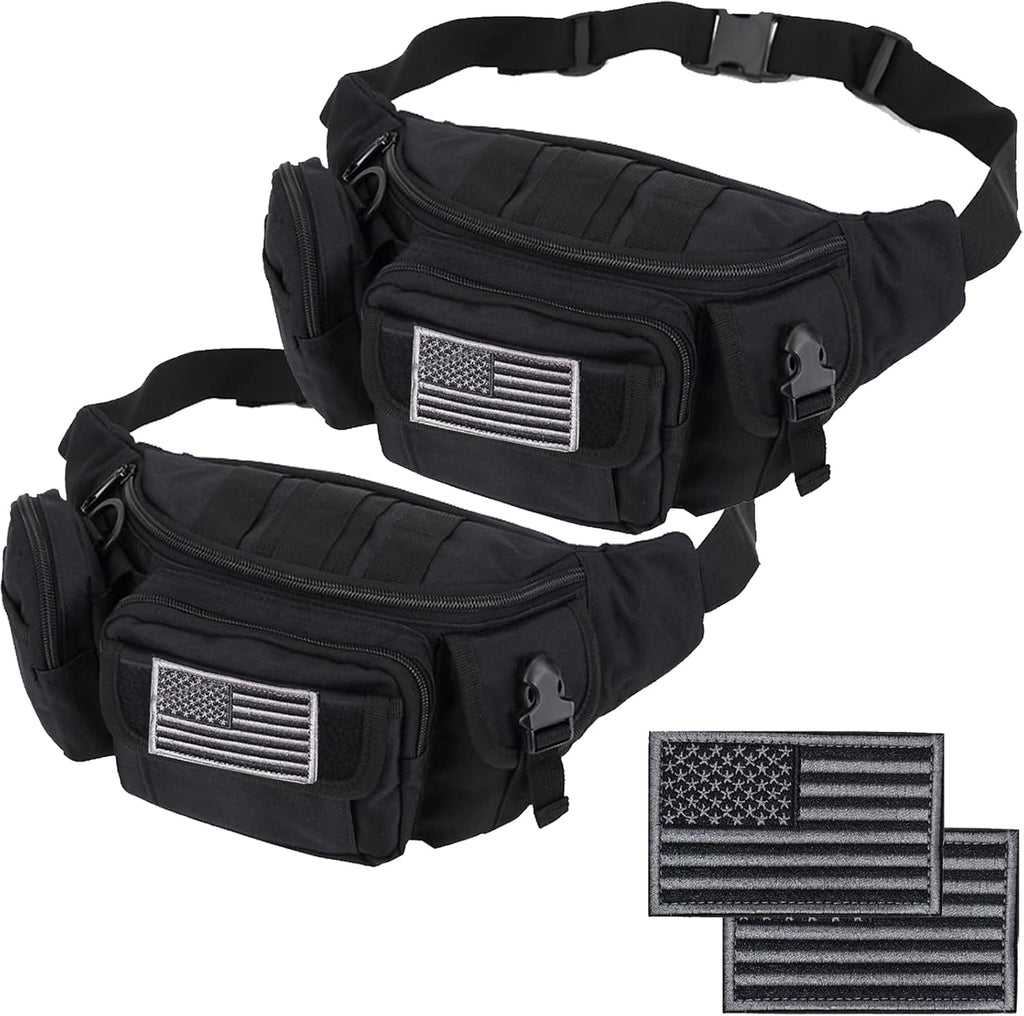 Tactical Fanny Packs, Military Waist Bag Utility Hip Belt Bags for Hiking Climbing Fishing Cycling Hunting with U.S Patch (Black+Black)