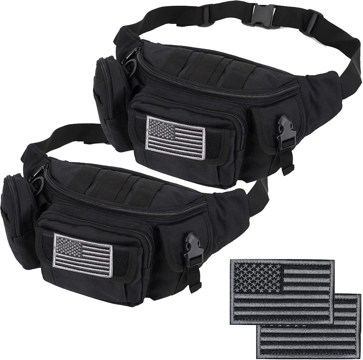 Tactical Fanny Packs, Military Waist Bag Utility Hip Belt Bags for Hiking Climbing Fishing Cycling Hunting with U.S Patch (Black+Black)