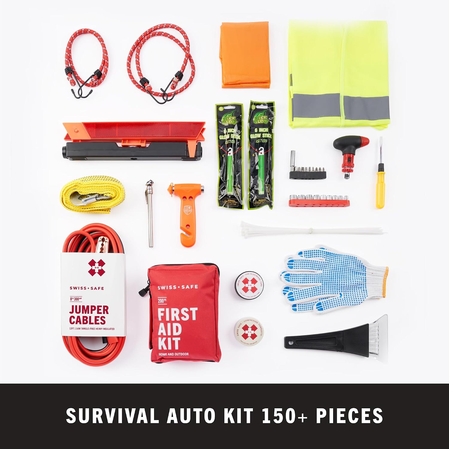 Swiss Safe 233-Pcs Car First Aid Kit Essentials, Jumper Cables & Mini Kit