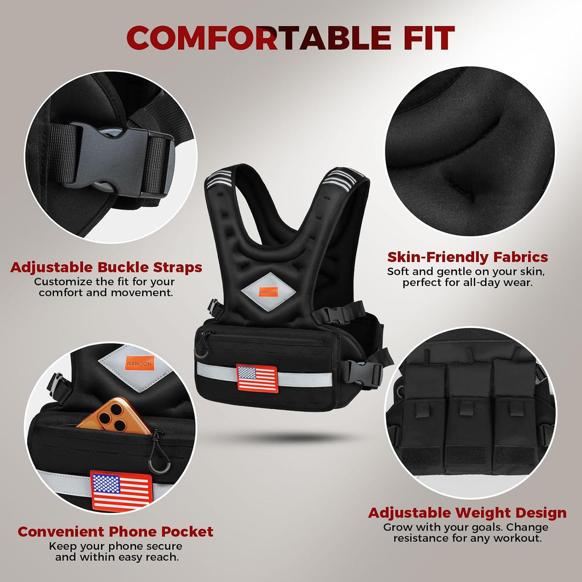 Weighted Vest Woman & Men, 6-10lb/8-20lb/8-30lb Adjustable weighted Vest With Pockets & Reflective Strips for Walking, Running, Hiking,Rucking, Workout, Strength Training