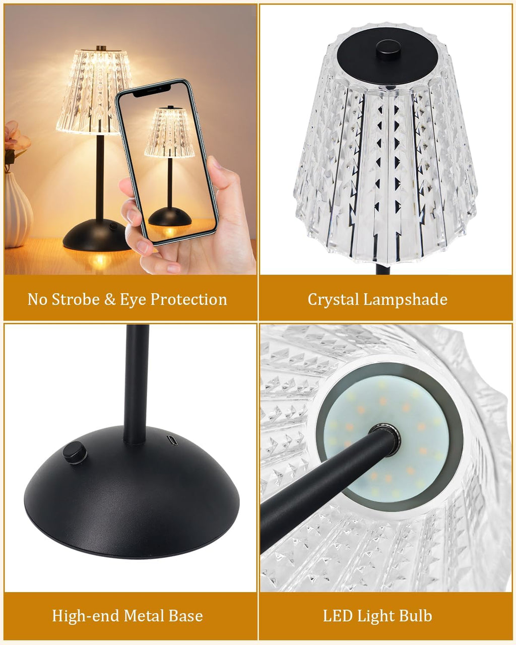 Nusogon Rechargeable Cordless Table Lamp, Touch Control Crystal Desk Lamp