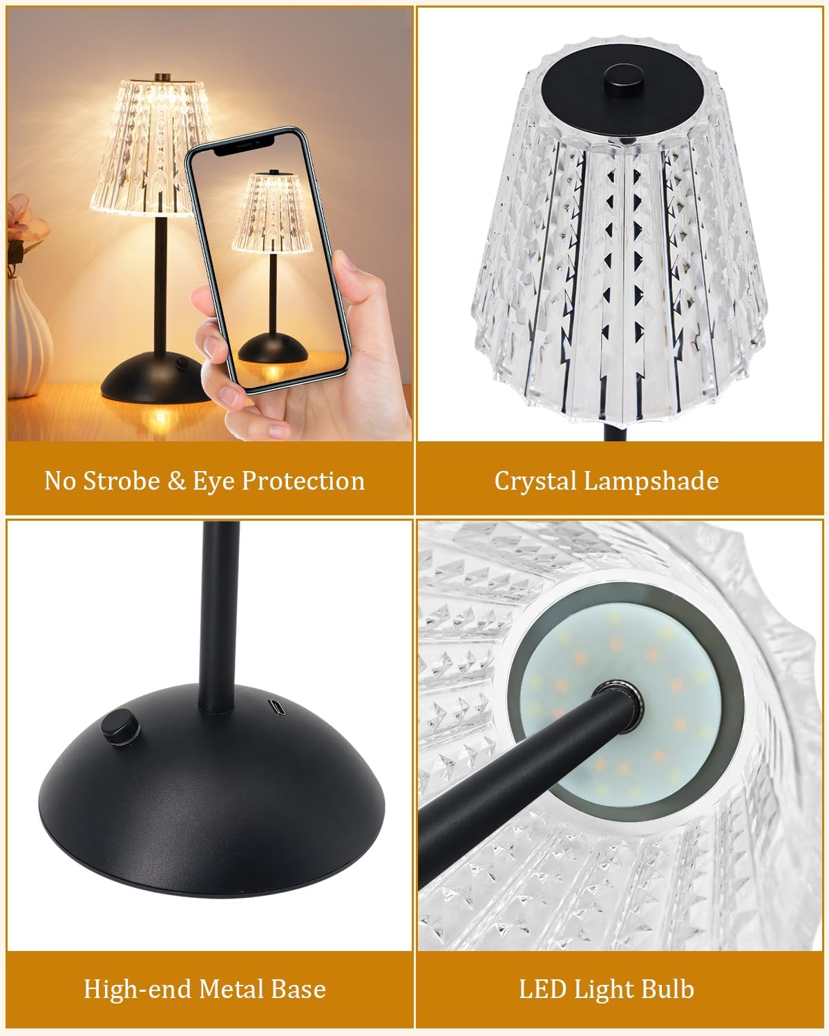 Nusogon Rechargeable Cordless Table Lamp, Touch Control Crystal Desk Lamp