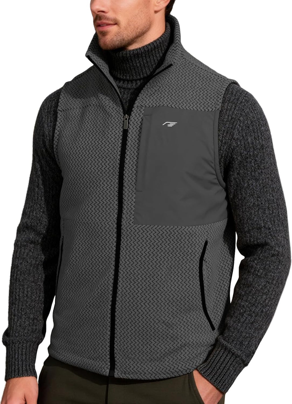 Mens Fleece Vest Mock Neck Full Zip Textured Sleeveless Jacket with Zippered Chest Pocket Active Fit Hiking Golf Top