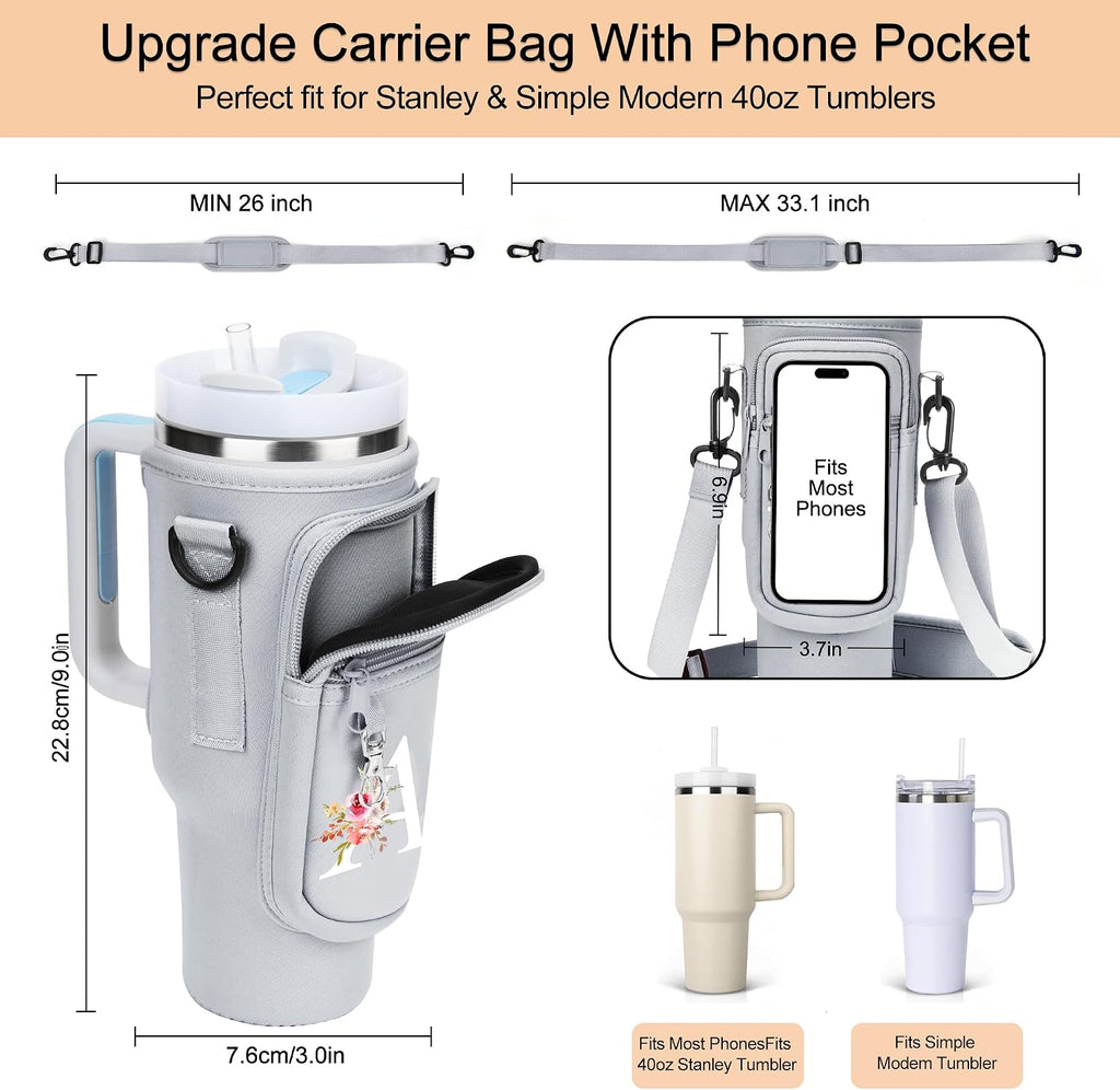 Initial Water Bottle Holder with Strap for Stanley Cup Accessories 40 oz/Simple Modern Tumbler, Birthdays for Women Girls, Water Bottle Carrier Bag with Phone Pocket,Hiking Walking Gym Camping
