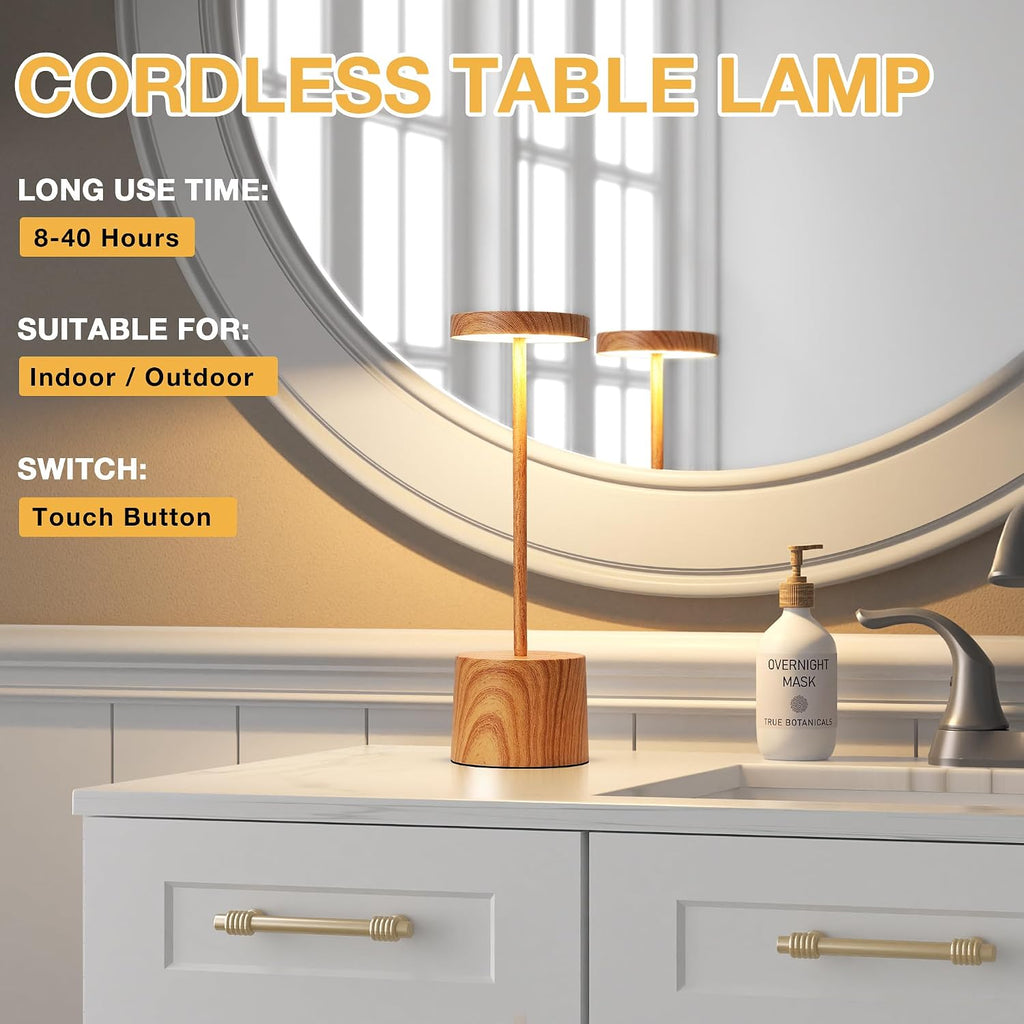 Kakanuo Wooden Rechargeable Cordless Lamp - Touch Control, 3 Color Temperature, LED Outdoor Wireless Lamp, Battery Operated Lamps, Stepless Dimmable, Set of 2