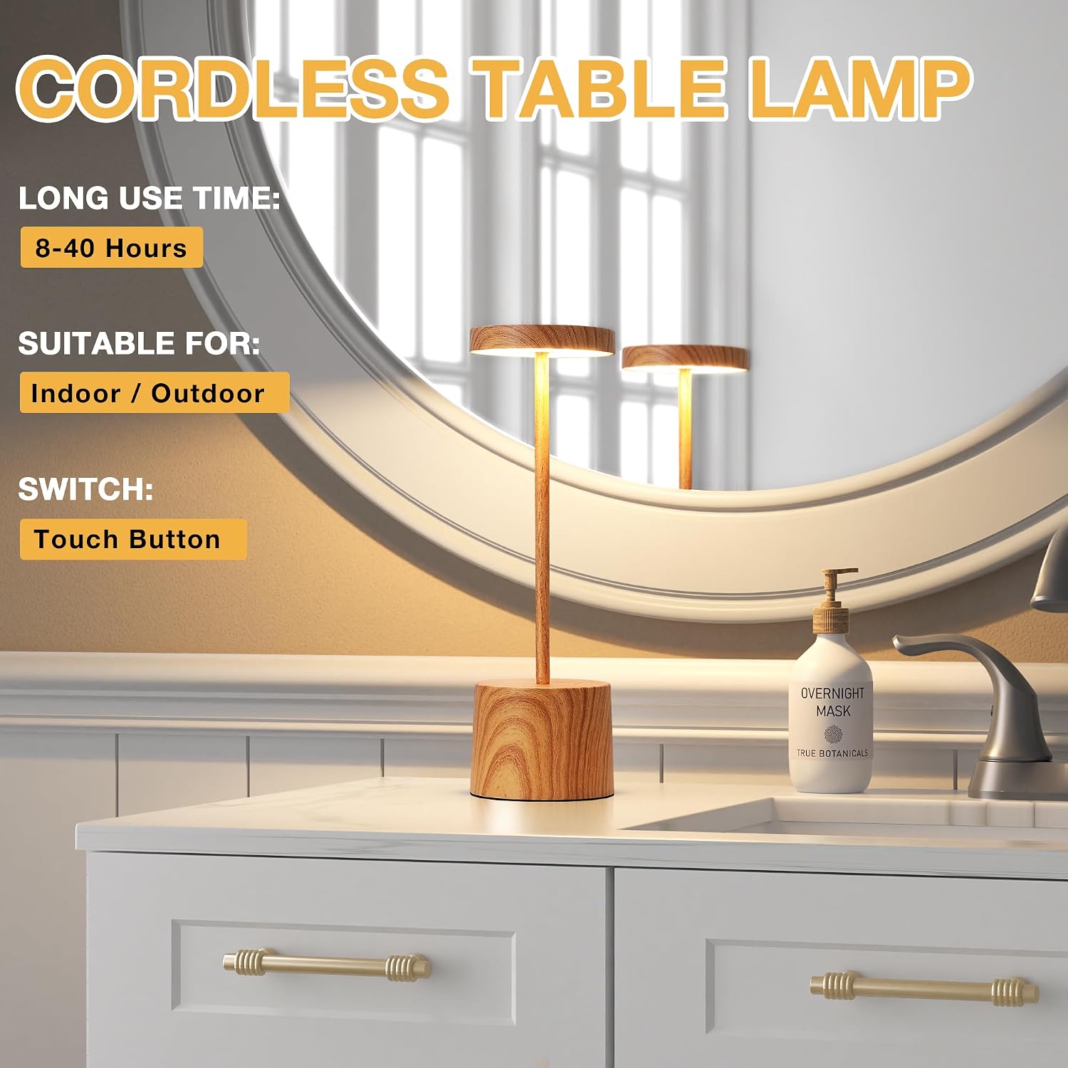 Kakanuo Wooden Rechargeable Cordless Lamp - Touch Control, 3 Color Temperature, LED Outdoor Wireless Lamp, Battery Operated Lamps, Stepless Dimmable, Set of 2