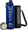 Premium 1 Liter Water Bottle (33.8 oz) with Carrying Case & Strap - Double Wall Vacuum Insulated Stainless Steel Water Bottle - Leakproof Lid, Wide Mouth, BPA-Free, Removable Strainer – Blue