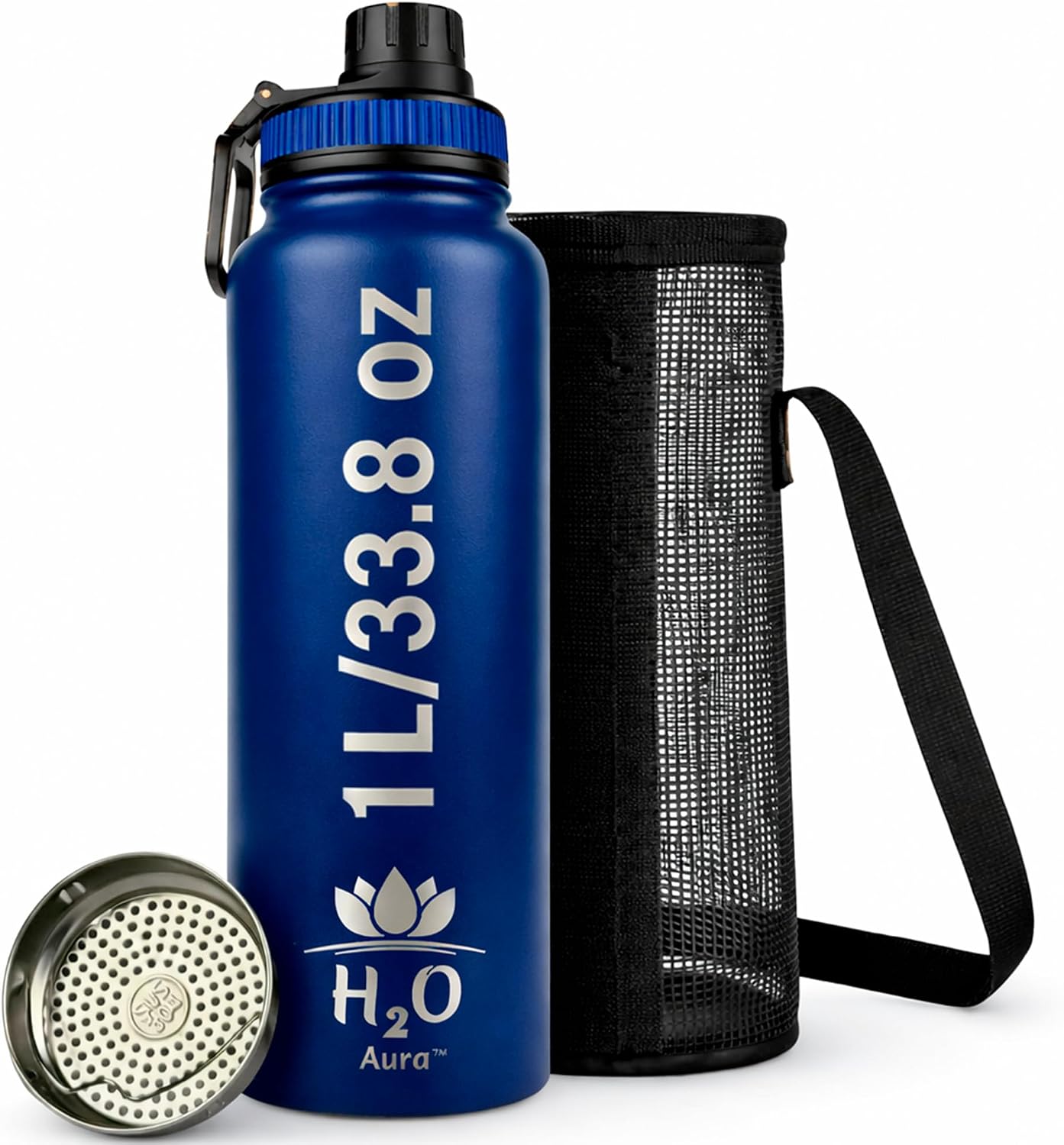 Premium 1 Liter Water Bottle (33.8 oz) with Carrying Case & Strap - Double Wall Vacuum Insulated Stainless Steel Water Bottle - Leakproof Lid, Wide Mouth, BPA-Free, Removable Strainer – Blue