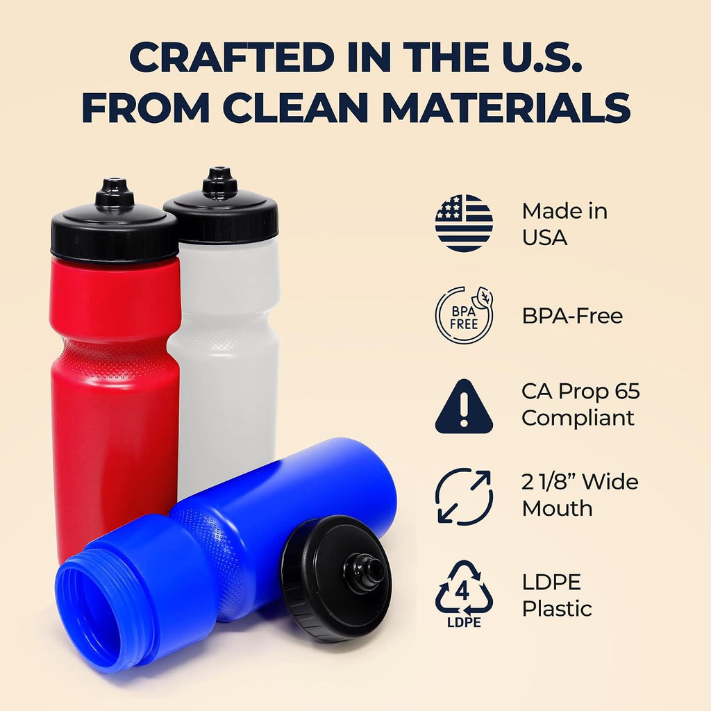 Rolling Sands USA Made 24 oz Sports Squeeze Water Bottles, 8 Pack, BPA-Free, Easy Drink One Way Flow Valve, Fits Most Bike Cages, Dishwasher Safe, Durable, Reusable and Lightweight, Red