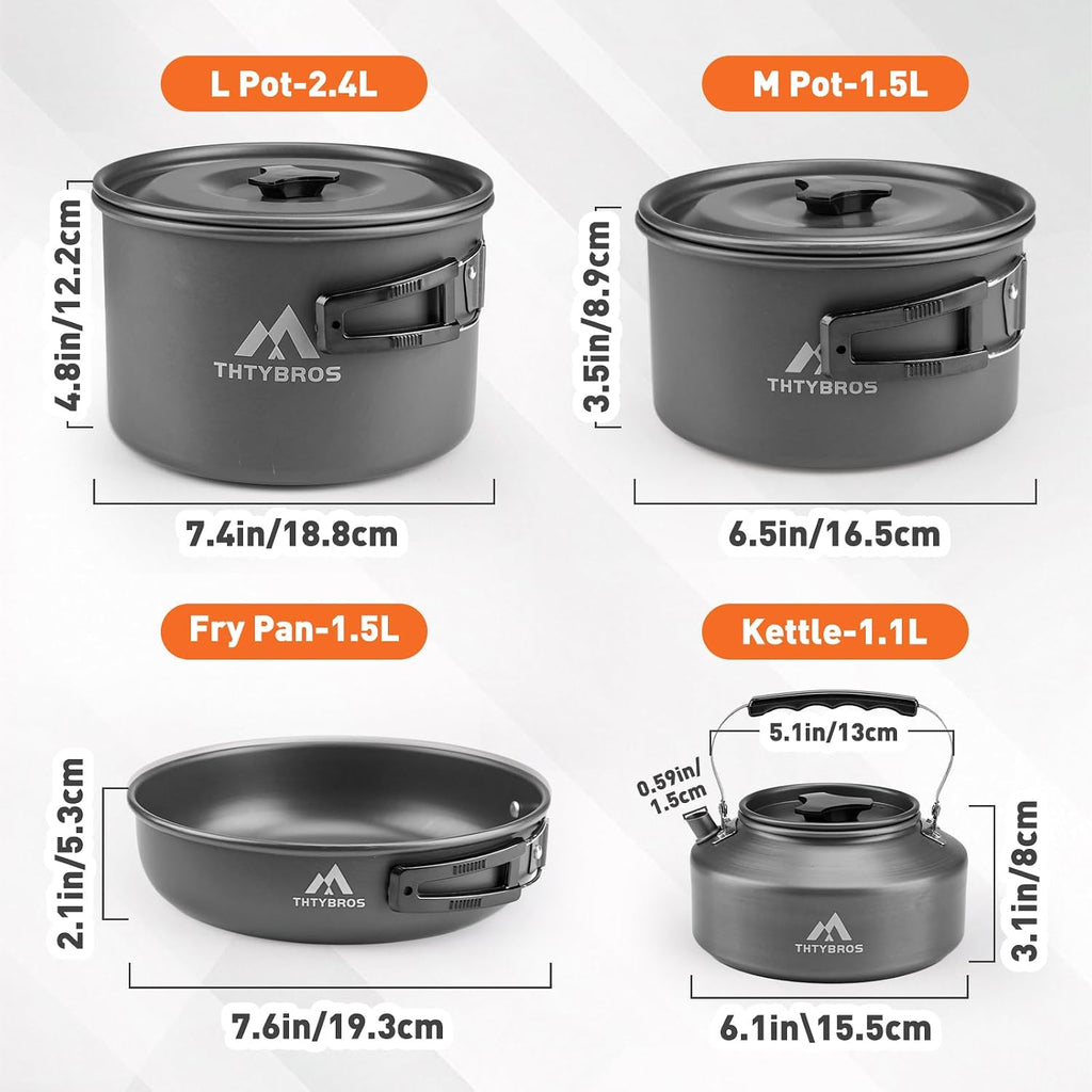 THTYBROS 27pcs Camping Cooking Set for 2-4 People, Portable Cookware Set with Kettle, Pots & Pans, Stainless Steel Utensils, Plates, Dishware for Backpacking, Picnic, Outdoor Adventures