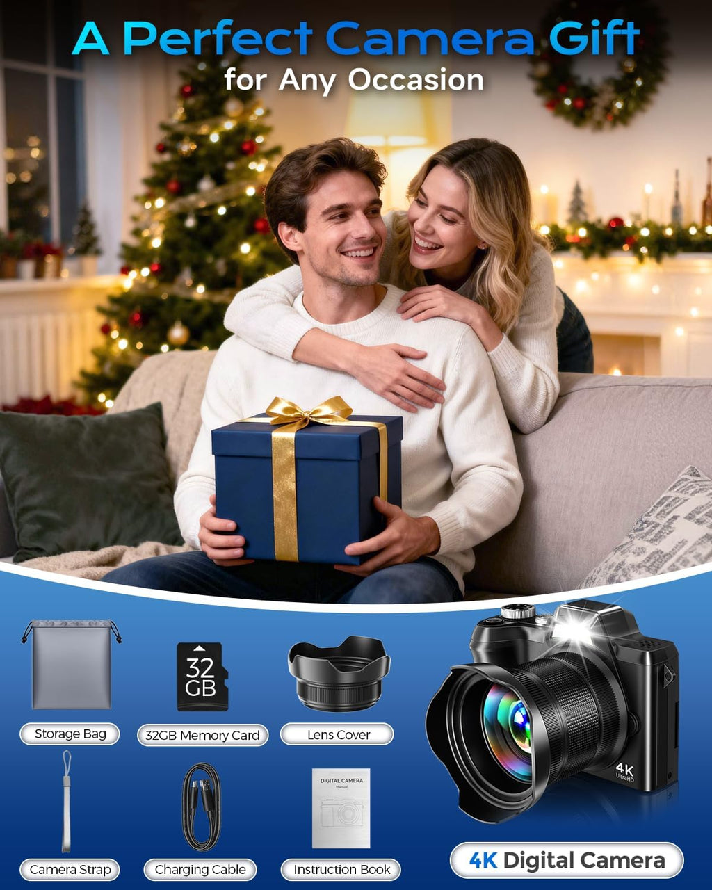 4K Digital Camera for Photography Travel, 56MP Autofocus Vlogging Camera for YouTube, 16X Zoom with 3" 180°Flip Screen & Lens Hood, 32GB Card, Gift Ideas for Teens & Beginners