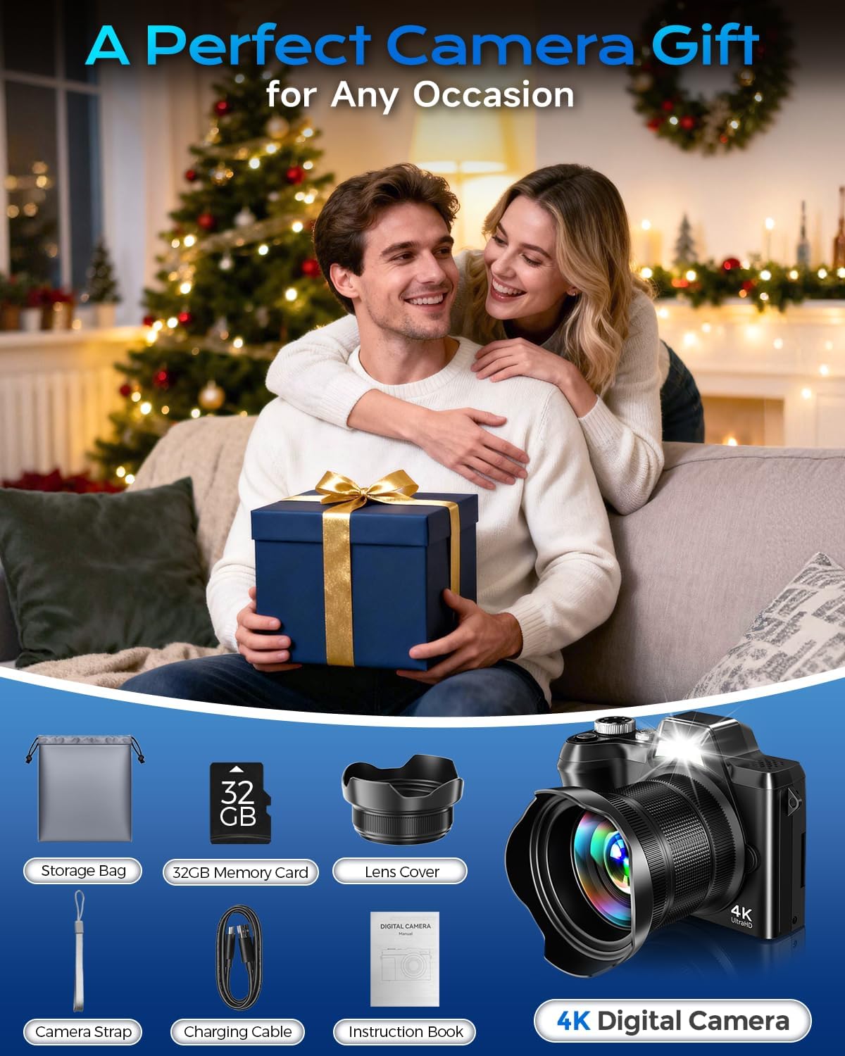 4K Digital Camera for Photography Travel, 56MP Autofocus Vlogging Camera for YouTube, 16X Zoom with 3" 180°Flip Screen & Lens Hood, 32GB Card, Gift Ideas for Teens & Beginners